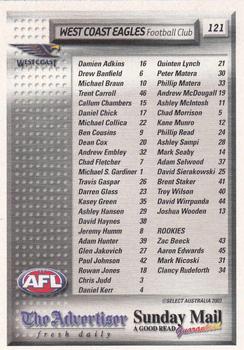 2003 Select The Advertiser-Sunday Mail AFL #121 West Coast Eagles Back